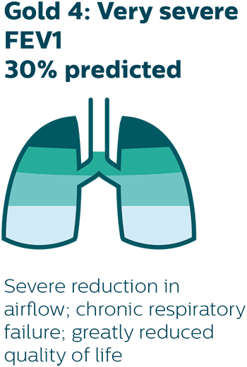 Severe reduction in airflow; chronic respiratory failure; greatly reduced quality of life