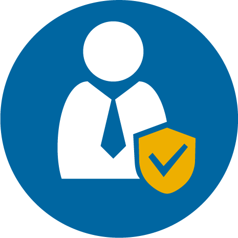 a blue circle with a white figure and a yellow check mark